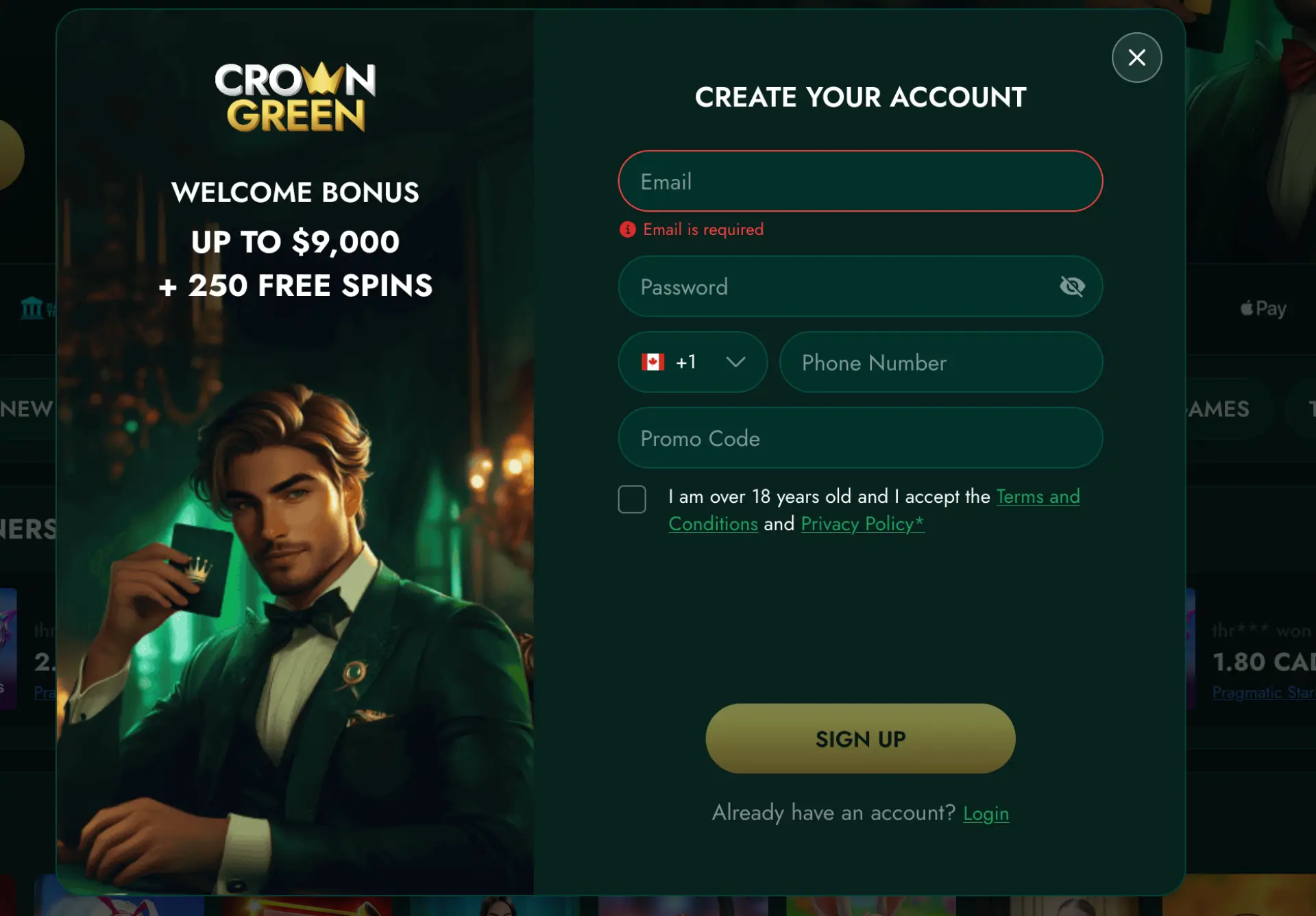 CrownGreen Casino screenshot - registration